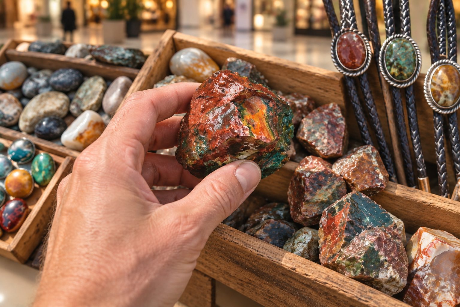 Hand lifting a colorful rough stone from a wooden tray
